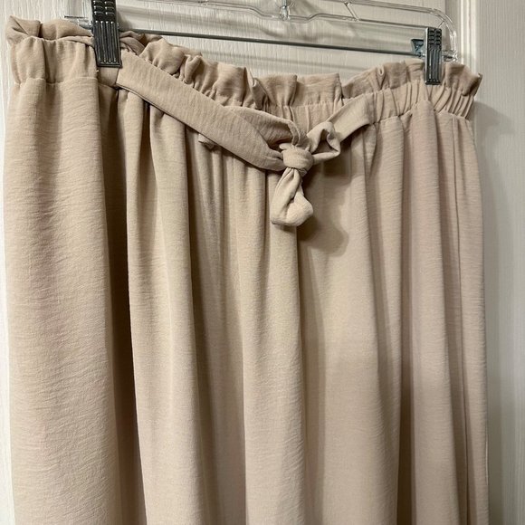 Vision USA | XXL Light Beige Crinkle Paper Bag Tie Front Wide Leg Pants Palazzo - Picture 3 of 7